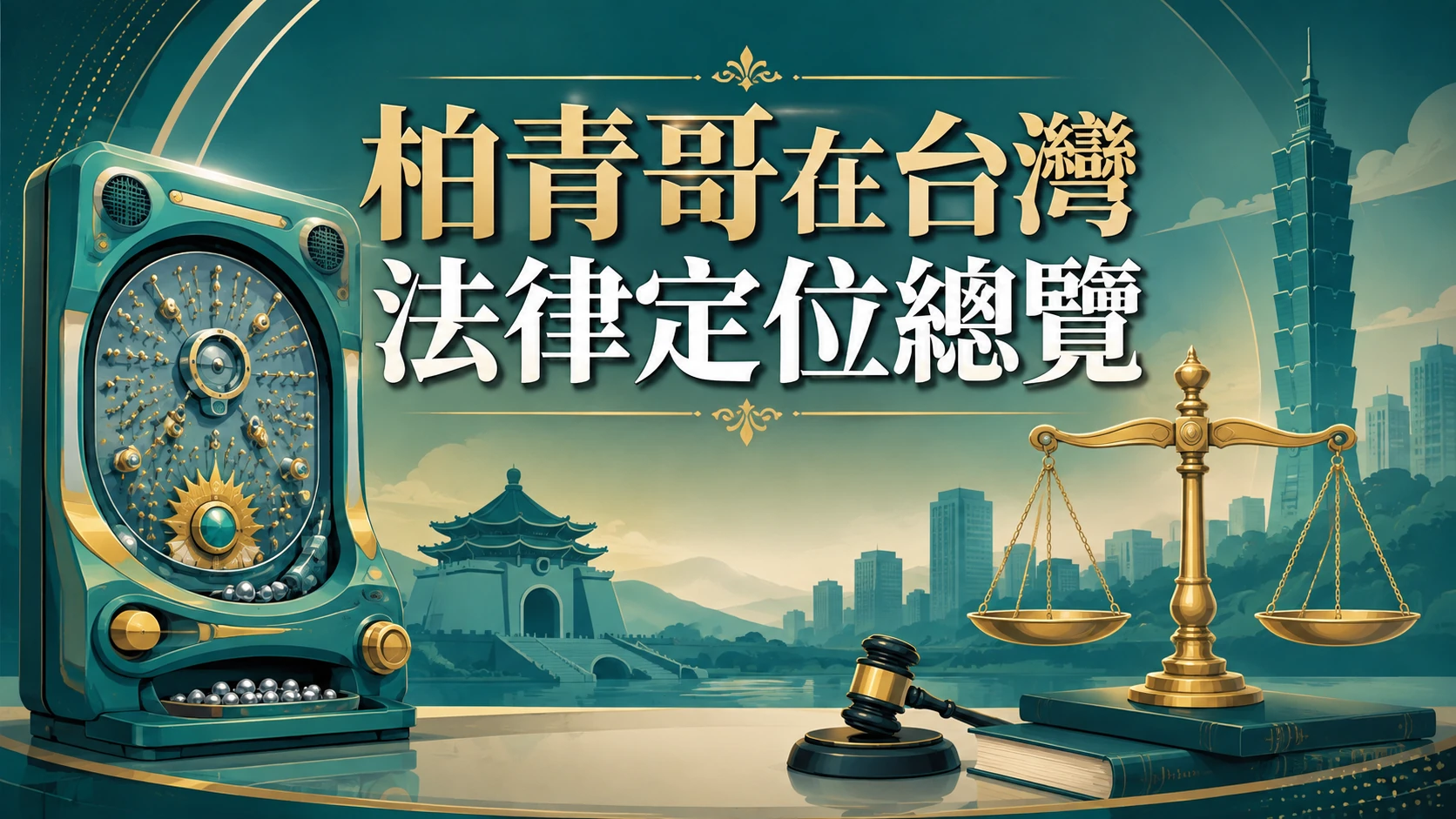 柏青哥小鋼珠機台與法律天秤概念畫面